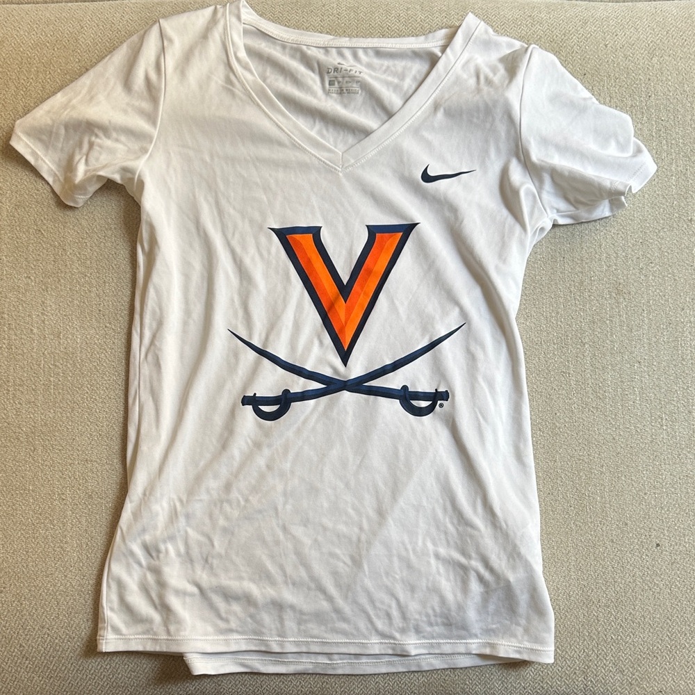 Nike White V-Neck Tee with Bold Orange and Navy Design